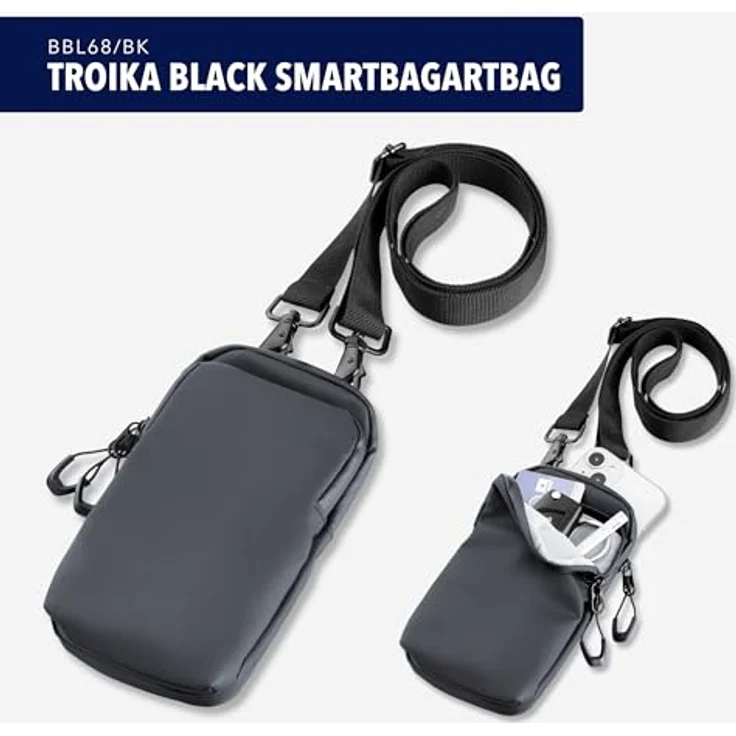 TROIKA BLUE CYCLE SMARTBAG, Handytasche zum Umhängen aus recyceltem Meeresplastik mit Kartenfach, verstellbarem Gurt und Karabiner, Dunkelgrau – Bild 2