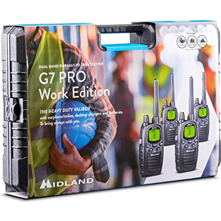 Midland G7 Pro PMR446 und LPD-Funkgeräte 4er Kofferset, C1090.19, mit VIBRACALL- und Freisprechfunktion, inkl. Duostandlader Duostandlader und MA 24 L Headsets schwarz 16 Kanäle
