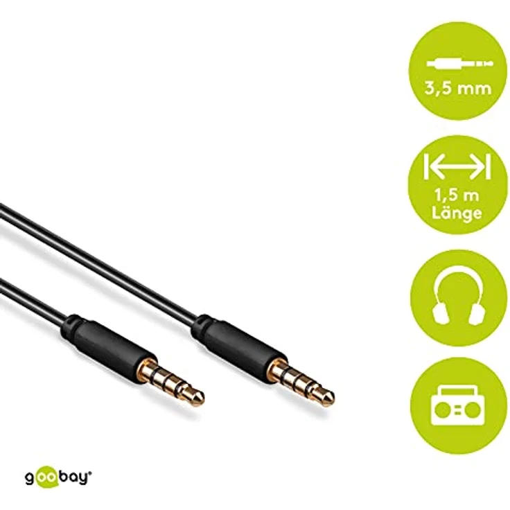 Goobay 63828 AUX-Kabel, Audiokabel, Verbinduskabel, Klinkenkabel, Klinke 3,5mm Stecker (4-Pin, Stereo) > Klinke 3, 5 mm Stecker (4-Pin, Stereo), 4-polig, 1,5 Meter, schwarz – Bild 2