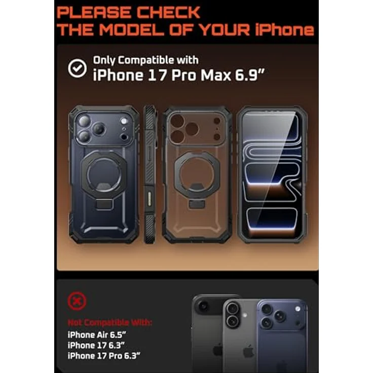 SUPCASE UBGrip Pro Hülle für iPhone 17 Pro Max, Displayschutz aus gehärtetem Glas, MagSafe-kompatibel, robustes Bumper Case mit Ringhalter, 6.9 Zoll (Schwarz) – Bild 2