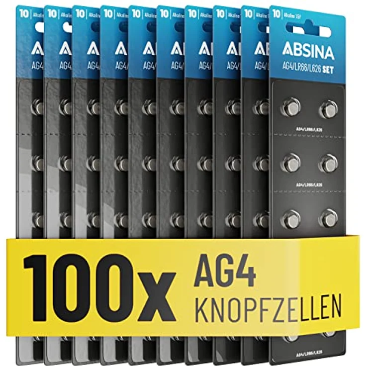 ABSINA AG4 LR66 Knopfzelle 100er Pack, 1,5V Alkaline Batterien, auslaufsicher und langlebig, ideal für Uhren, Spielzeug & mehr – Bild 1