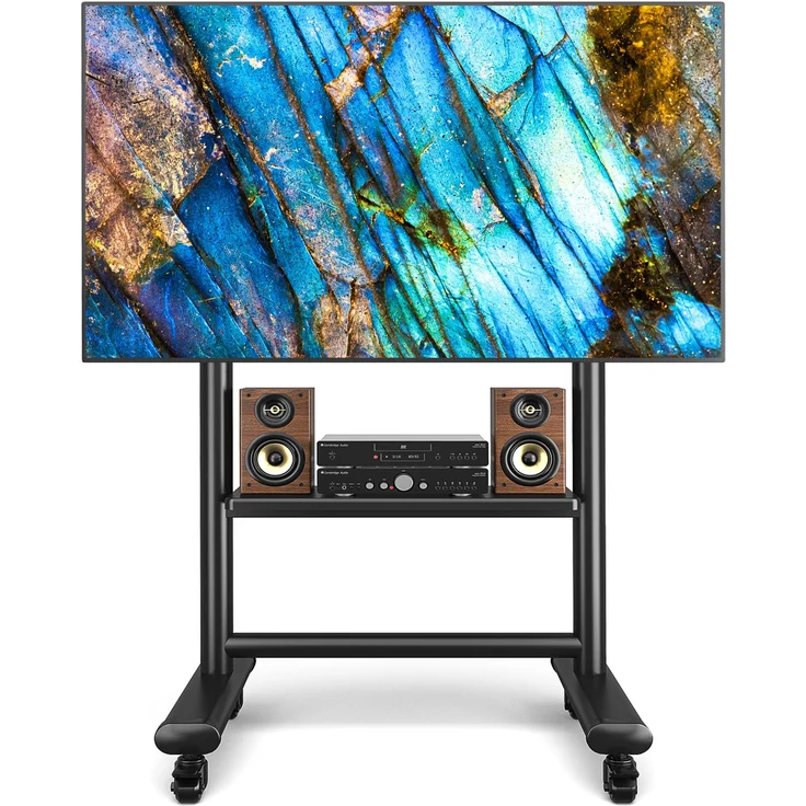 RFIVER TV Ständer Rollbar, Mobiler Fernsehständer für 50-86 Zoll TVs, max. Tragfähigkeit 68kg, VESA 800x600mm, Höhenverstellbar, mit Ablage und 360° Rollen, Schwarz