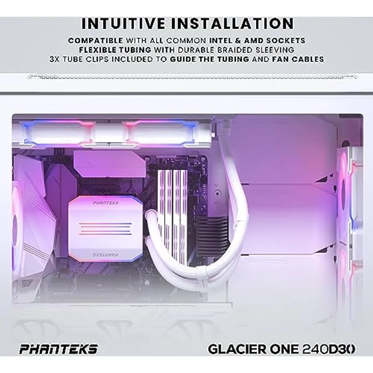Phanteks Glacier One D30 AIO CPU-Kühler, Phanteks D30 Lüfter, DRGB-Beleuchtung, Wasserkühlung, Daisy-Chaining, Kupfer-Basis, 240mm, Weiß – Bild 5