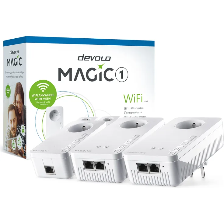 Devolo Magic 1 WiFi Multiroom Kit, PowerLAN-Adapter mit 1200 Mbps, Mesh WLAN und integrierter Steckdose