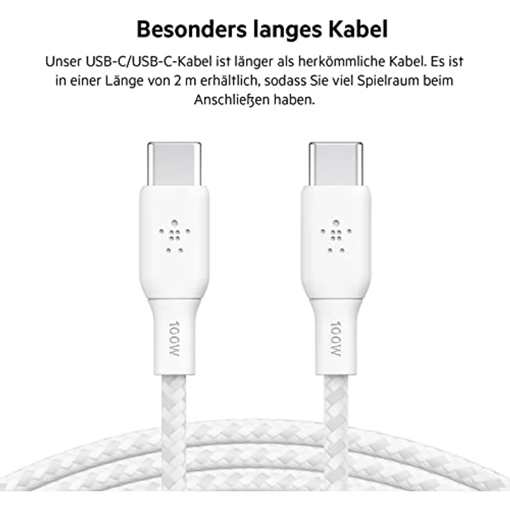 Belkin BoostCharge USB-C/USB-C Kabel 100W, 2m, weiß - langlebig, doppelt geflochtenes Nylon, bis zu 480 Mbps Datenübertragungsrate – Bild 8