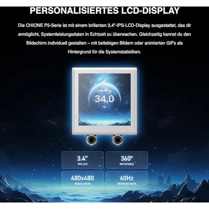 GAMDIAS CHIONE P5, 360-mm-AIO-CPU-Wasserkühler mit drehbarem 3,4-Zoll-IPS-LCD-Display, ARGB-PWM-Lüfter und verstecktem Kabeldesign, Weiß – Bild 3