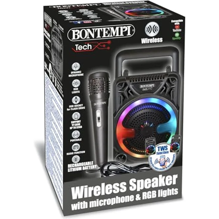 Bontempi Mini Lautsprecher Wireless mit Mikrofon, RGB-Lichtern, Radiofunktion, 125x125x180mm – Bild 5