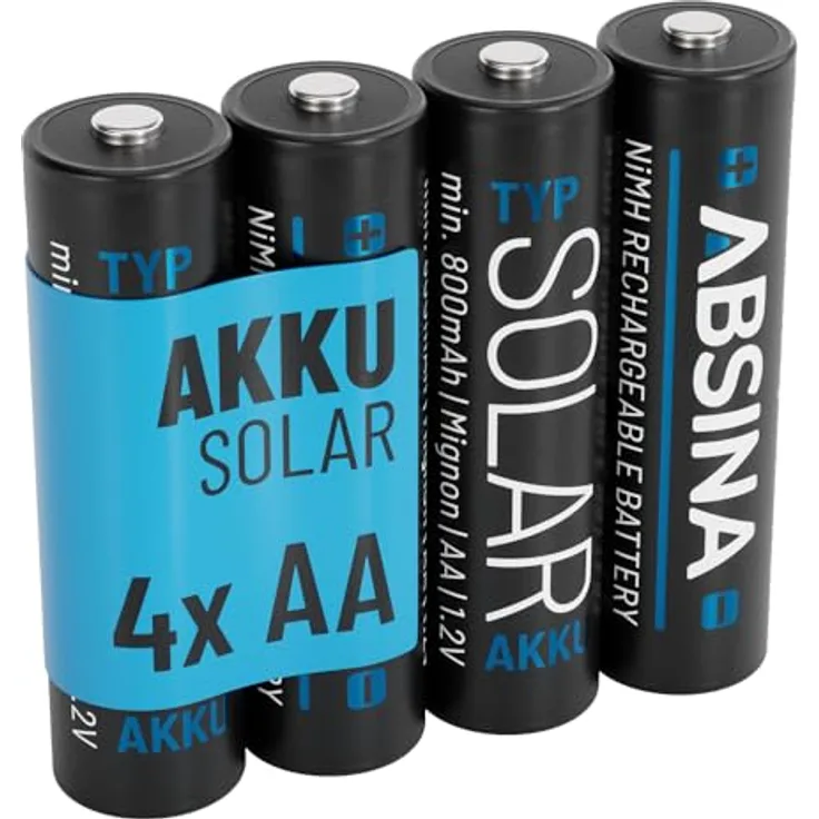 ABSINA 4X Solar Akku AA wiederaufladbar 800mAh 1.2V NiMH - Mignon AA Solar Batterien mit geringer Selbstentladung - Akku Solar Batterie, Akkus für Solarlampen