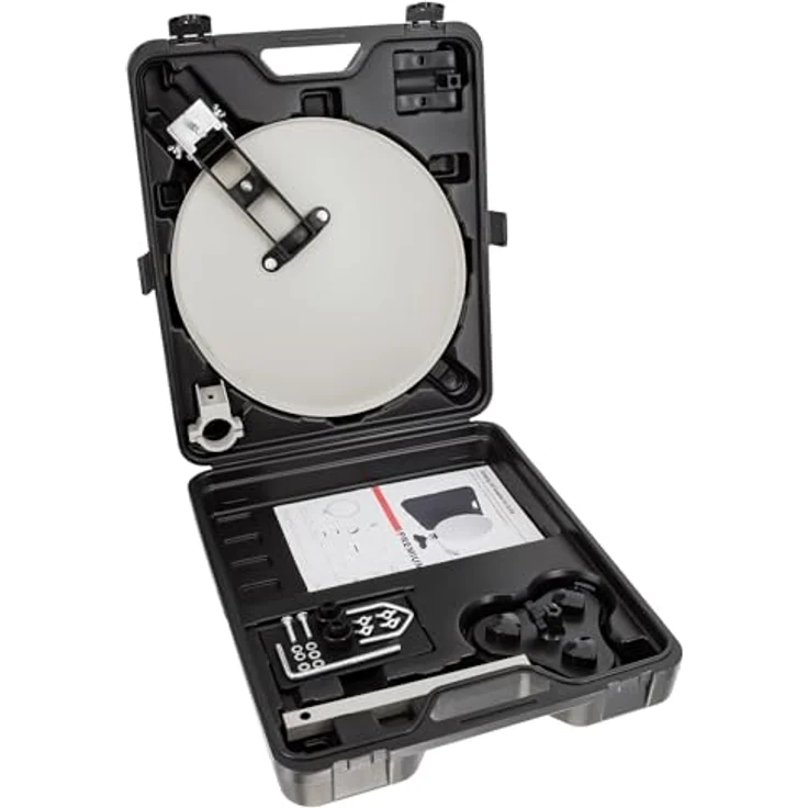 PremiumX Camping Satelliten-Schüssel Antenne, kompakt mit Saugfuß, Masthalter und Tischhalter, hellgrau, inkl. Transportkoffer – Bild 1