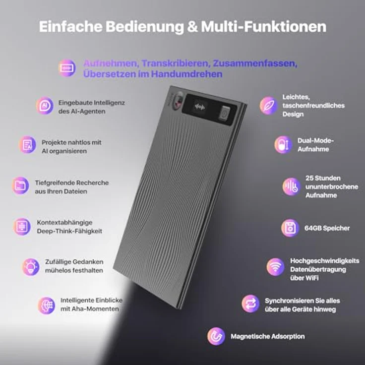 Mobvoi TicNote, Sprachrekorder mit 24 GB, KI-gestützte Transkription, zwei Aufnahmemodi, grau – Bild 2