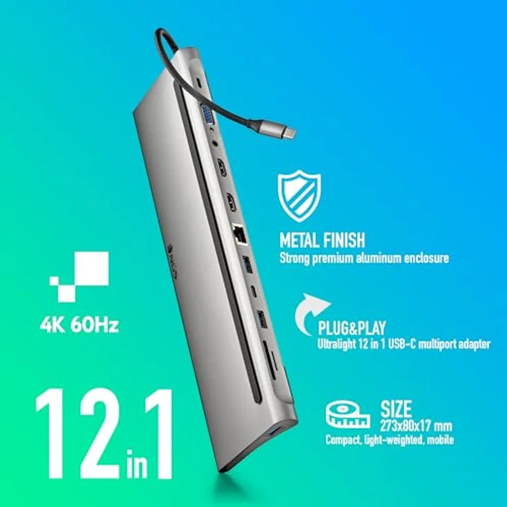 NGS Wonder Dock 12 - USB 3.0 Typ-C-Hub, 12-in-1-Multiport-Hub, Power Delivery Schnellladung, HDMI, VGA, RJ45, SD/TF, breite Kompatibilität - Kompakt, 273x80x17mm, Aluminiumoptik – Bild 4
