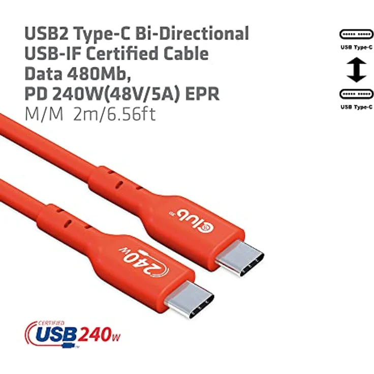 Club 3D USB 2 Typ C Kabel PD 240W, 2m, bi-direktional, 480Mbps, rot – Bild 3