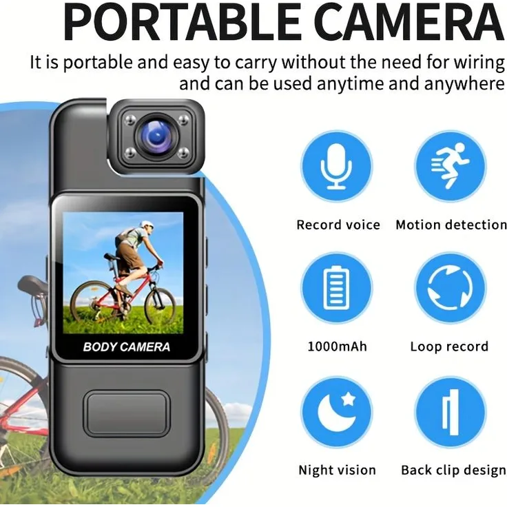 Exlene Ultra HD 2K Mini-Kamera mit WiFi, Infrarot-Nachtsicht und 180° drehbarem Objektiv, tragbare Sportkamera mit 1000-mAh-Akku, unterstützt TF-Karten bis 128 GB