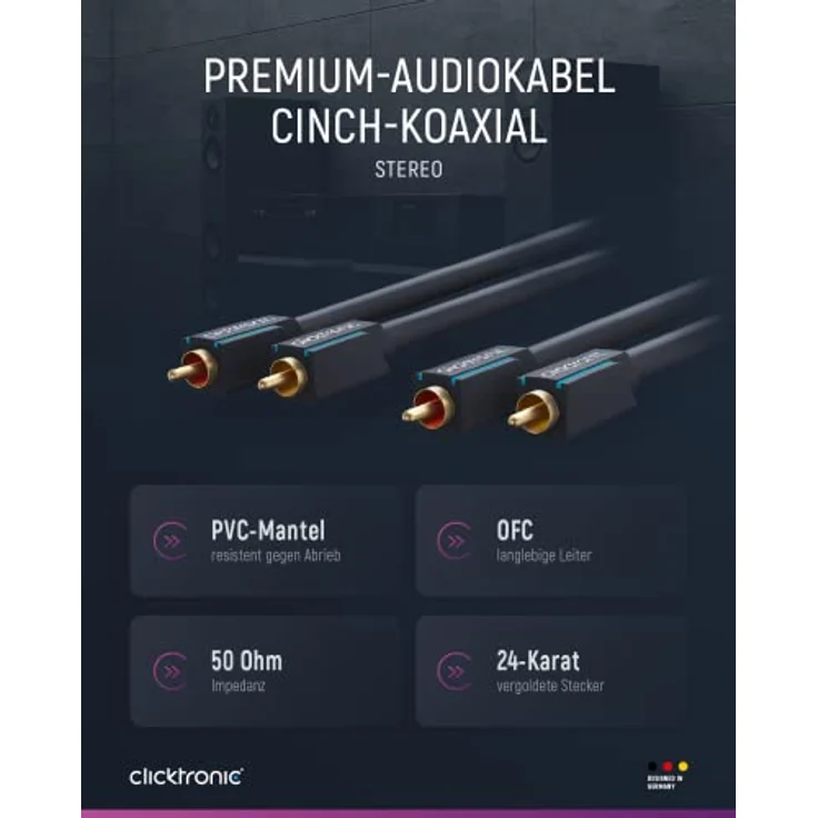 Clicktronic Casual Premium Stereo Audiokabel, 10m, Kupferleiter, doppelt geschirmt, 24-Karat vergoldete Kontakte, ideal für HiFi-Anlagen und Lautsprecher – Bild 2