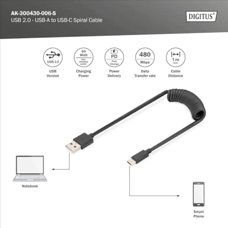 DIGITUS USB 2.0 Spiralkabel, USB-A auf USB-C, flexibel bis 1 m, schwarz, Datenrate bis 480 Mbit/s – Bild 3