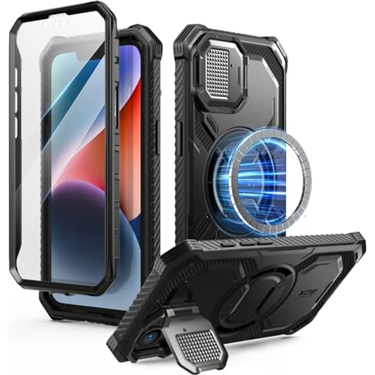 i-Blason Armorbox für iPhone 16e Hülle mit Kameraschutz Ständer [Kompatibel mit kabellosem Laden] Magnetisch Handyhülle Bumper Case Schutzhülle mit Displayschutz für iPhone 16e 6.1'' 2025 (Schwarz)
