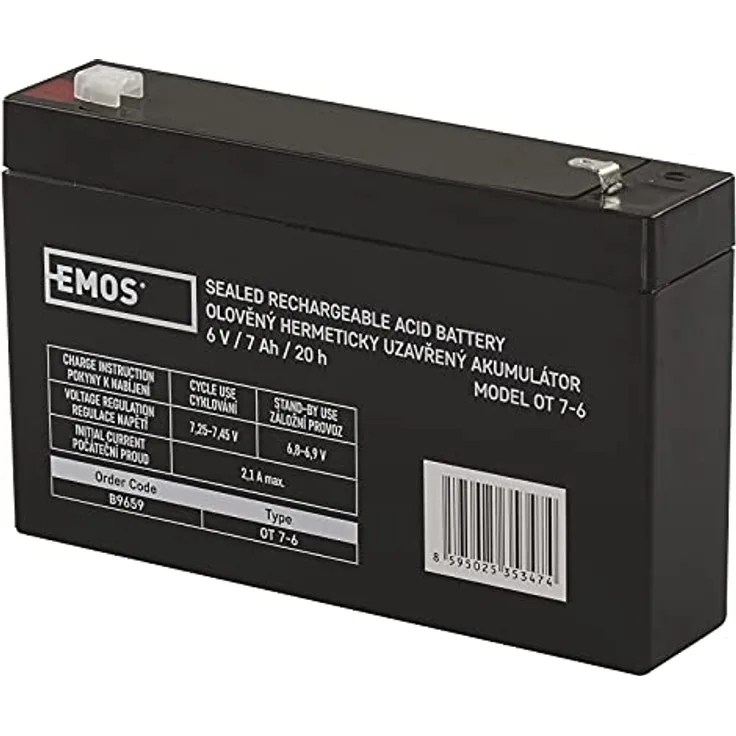 EMOS Wartungsfreier Bleiakku 6V 7Ah - AGM Batterie - Faston 4,7mm Anschluss - Für Alarmsysteme, Brandmeldetechnik, USV-Geräte - 151x34x94 mm