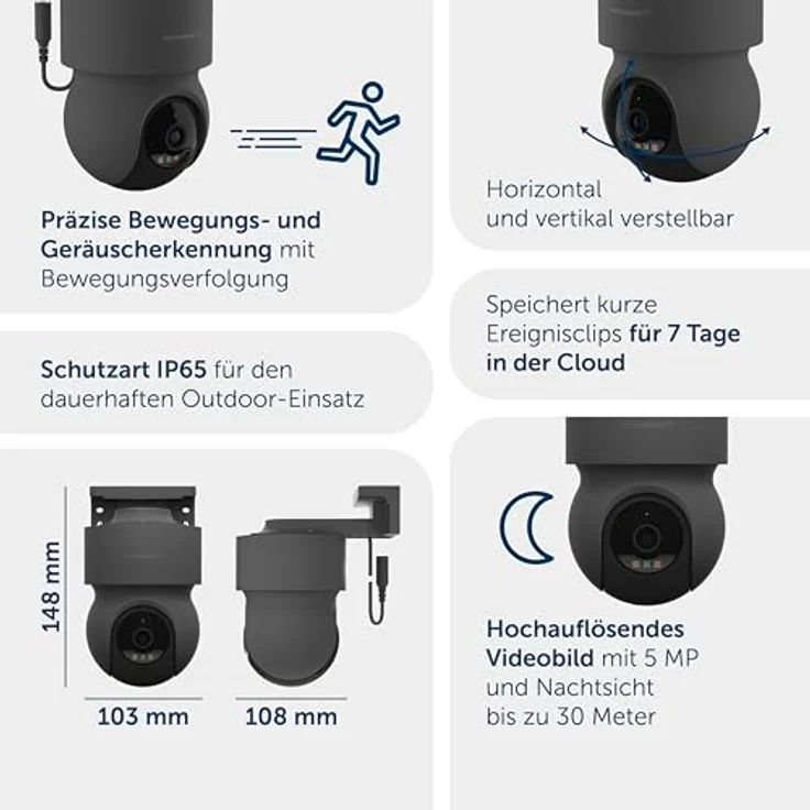 Homematic IP Außenkamera, schwenk- und neigbar, 5 MP mit Bewegungs- und Geräuscherkennung, anthrazit – Bild 4