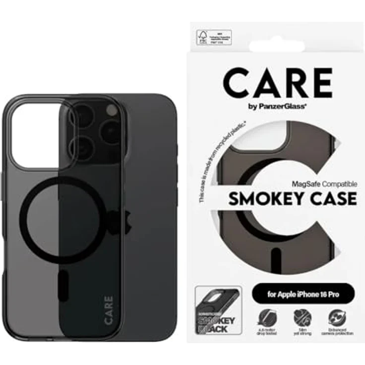 CARE by PanzerGlass Smokey Case für Apple iPhone 16 Pro, stoßfeste Handyhülle mit verbessertem Kameraschutz, kabelloses Laden, MagSafe-kompatibel, aus recyceltem Plastik – Bild 4