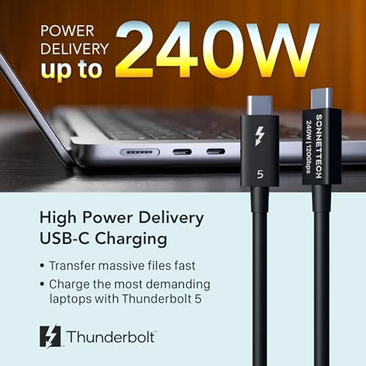 Sonnet Thunderbolt 5-Kabel, 1 m, Intel zertifiziert, 80 Gbit/s, 240 W Power Delivery, 8K-Video, kompatibel mit Thunderbolt 3, 4, USB4 und USB-C – Bild 5