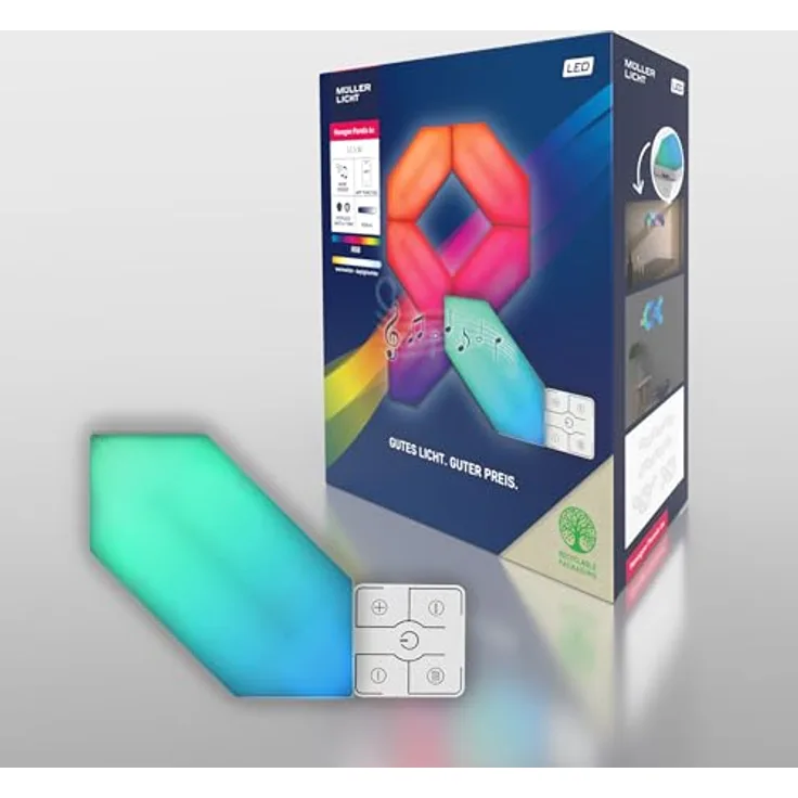 Müller-Licht Magic Panel LED Wand- und Deckenleuchten mit WLAN, 6 hexagon RGB mit music sensor, steuerbar per TUYA Smartphone-App, individuelle Montage in lebhaften Farben