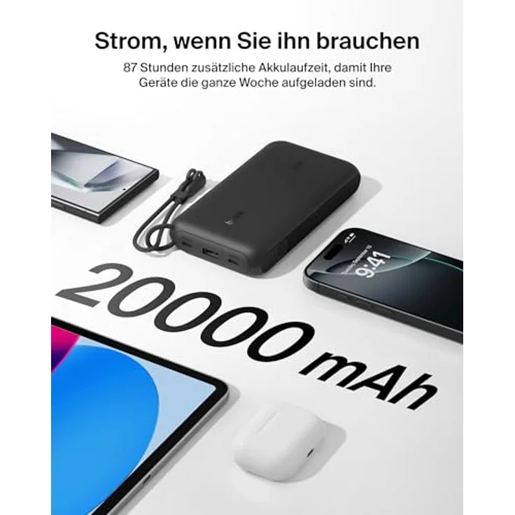 Belkin Powerbank BoostCharge 20.000 mAh, 2 USB-C-Anschlüsse, 1 USB-A Anschluss, 20 W Leistung, Akkuanzeige – Schwarz – Bild 4