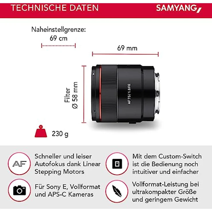 Samyang AF 75 mm F1.8 FE ( Tiny but Premium ) ? Porträt Objektiv Autofokus Vollformat und APS-C Festbrennweite Sony E Mount für Sony A9 II A7 III A6600 A6500 A6400 A6300 A6000 A5100 A5000 Nex Kamera – Bild 2