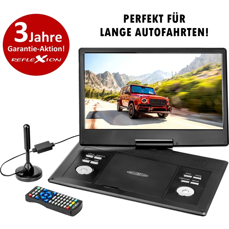 Reflexion DVD1424 Portabler DVD-Player (DVB-T2 HD Tuner, integrierter Akku, 12V Auto Adapter, Game-Disk) – Bild 1