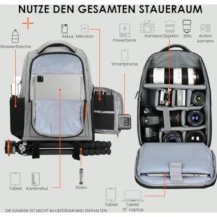 TARION Kamerarucksack Leicht, Profi Kamera Rucksack mit 15 Zoll Laptopfach und 8 herausnehmbaren Trennwänden, Grau – Bild 2