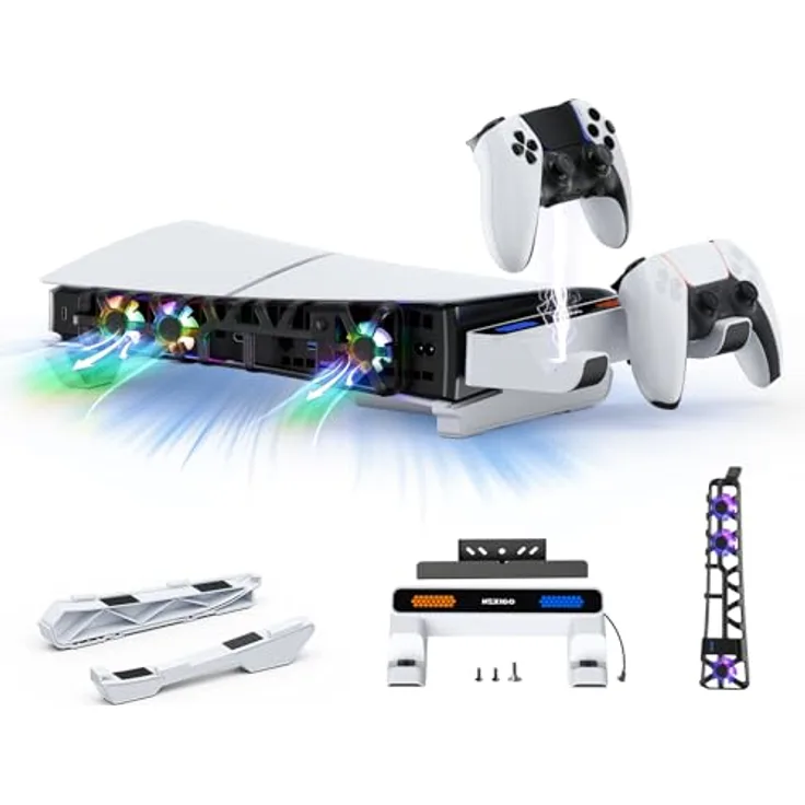NexiGo PS5 Slim Horizontal Stand mit Ladestation für PS5 und Edge Controller, RGB Kühlventilator mit Temperaturkontrolle, LED-Anzeige, kompatibel mit PS5 Slim, Weiß