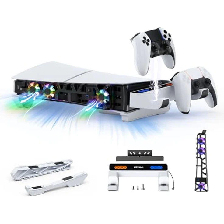 NexiGo PS5 Slim Horizontal Stand mit Ladestation für PS5 und Edge Controller, RGB Kühlventilator mit Temperaturkontrolle, LED-Anzeige, kompatibel mit PS5 Slim, Weiß – Bild 1