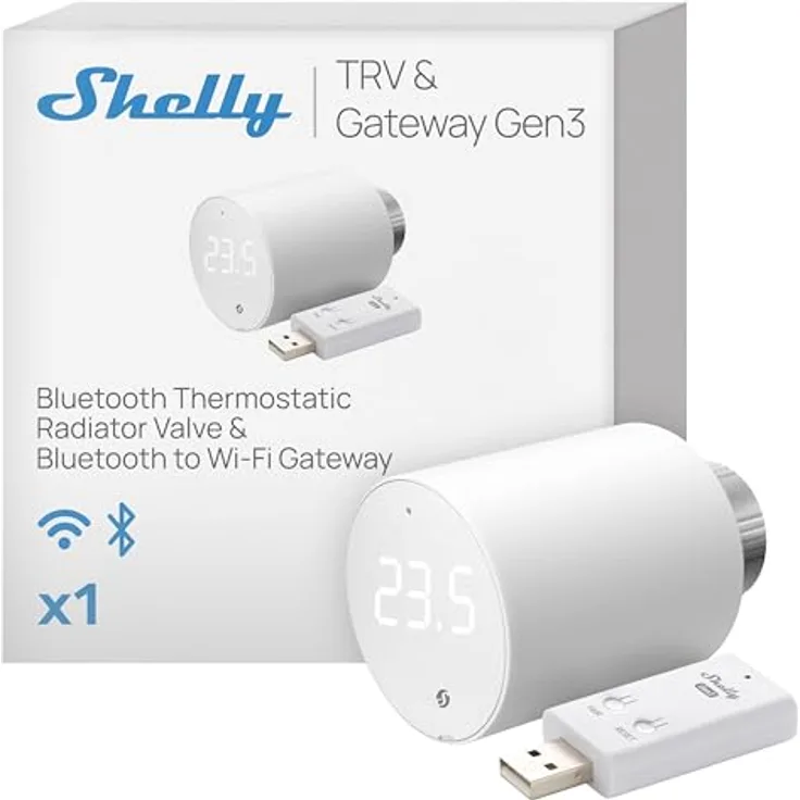 Shelly Blu TRV & Shelly Blu Gateway Gen3 - Thermostatisches Heizkörperventil, Bluetooth-Drehventil mit Wi-Fi Verbindung, Steuerung über App, inkl. Bluetooth vers Wi-Fi Passerellen - Präzise Raumtemperaturregelung, Boost-Modus, Smarte Zeitplanung