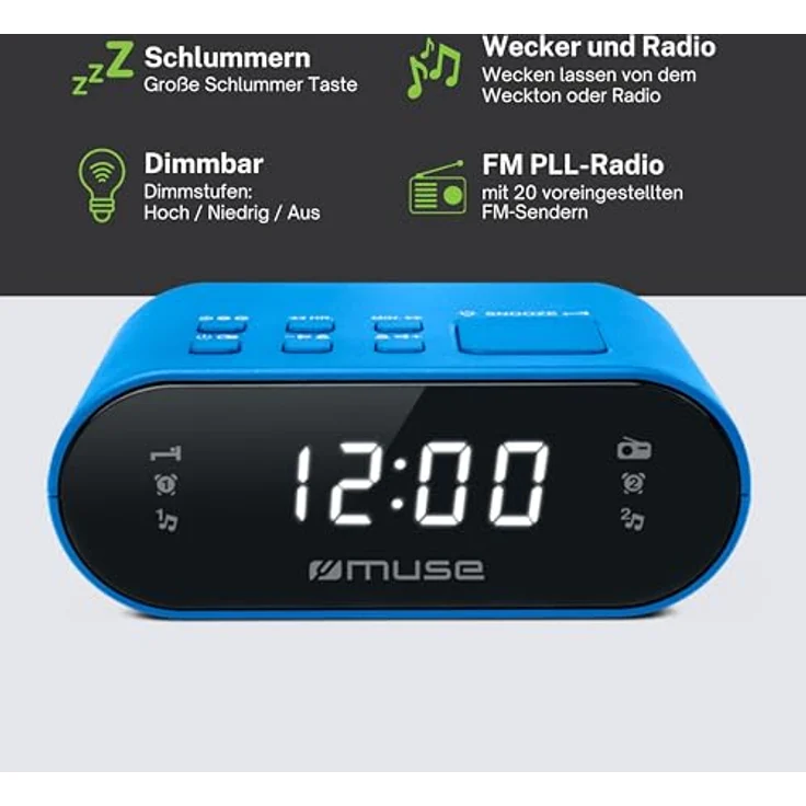 Muse M-10 BL Radiowecker mit LED-Display, zwei Weckzeiten, dimmbar, digitaler UKW-Tuner, 20 Senderspeicher, blau – Bild 3