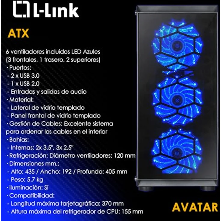 L-Link Avatar LED PC-Tower-Gehäuse, schwarz, mit 6 blauen LED-Lüftern und gehärtetem Glas – Bild 5