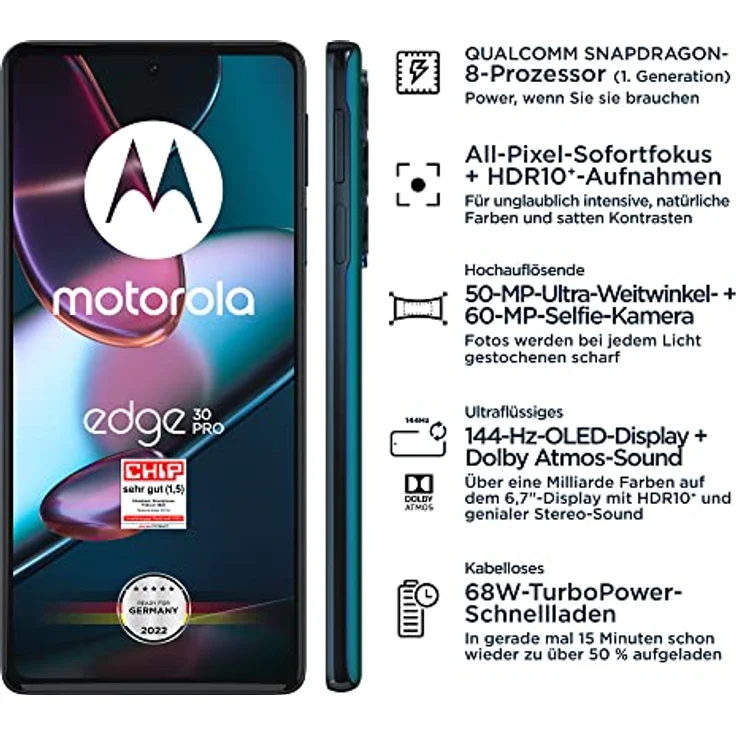Motorola edge30 pro Smartphone (6,7"-FHD+-Display, 50-MP-Kamera, 12/256 GB, 4800 mAh, Android 12), Cosmos Blue, inkl. Schutzcover + KFZ-Adapter  – Bild 2