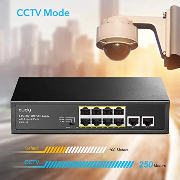 Cudy FS1010PG 8-Port PoE + -Switch mit 2 Gigabit-Uplink-Ports 120 W, 8 * 10/100 Mbit/s PoE+ @ 120 W, Extend/VLAN-Modus, 802.3af / at Standard, Lüfterlos, Watchdog, Plug & Play – Bild 5