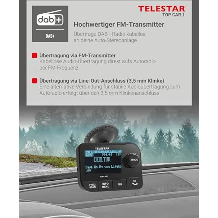Telestar TELESTAR TOP CAR 1 DAB+ Adapter, FM-Transmitter, Bluetooth 5.0, 2,3″ Display, microSD-Slot, Schwarz – Bild 4