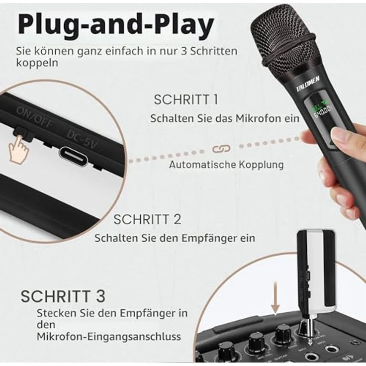 talomen Professionelles kabelloses Mikrofon K60-1, 2,4 GHz, dynamisch, wiederaufladbar, 160 ft Reichweite, für Karaoke, Partys, DJ und Kirchen – Bild 4