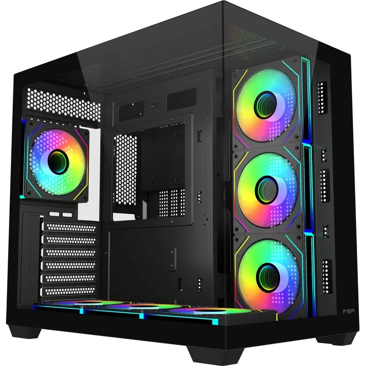 FSP M341-BA Midi Tower Gehäuse, Schwarz, für ATX/micro ATX/Mini-ITX, mit ARGB-Beleuchtung und gehärtetem Glas