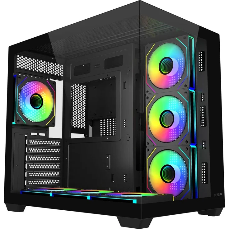 FSP M341-BA Midi Tower Gehäuse, Schwarz, für ATX/micro ATX/Mini-ITX, mit ARGB-Beleuchtung und gehärtetem Glas