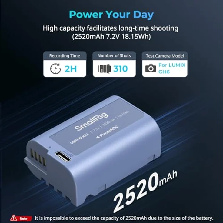 SMALLRIG DMW-BLK22 2520mAh USB-C Ersatzakku für Panasonic LUMIX GH5, S5, GH6, GH7, S9, S9 II – Schnellladung in 2,5H, hohe Leistung ohne Memory-Effekt – Bild 2