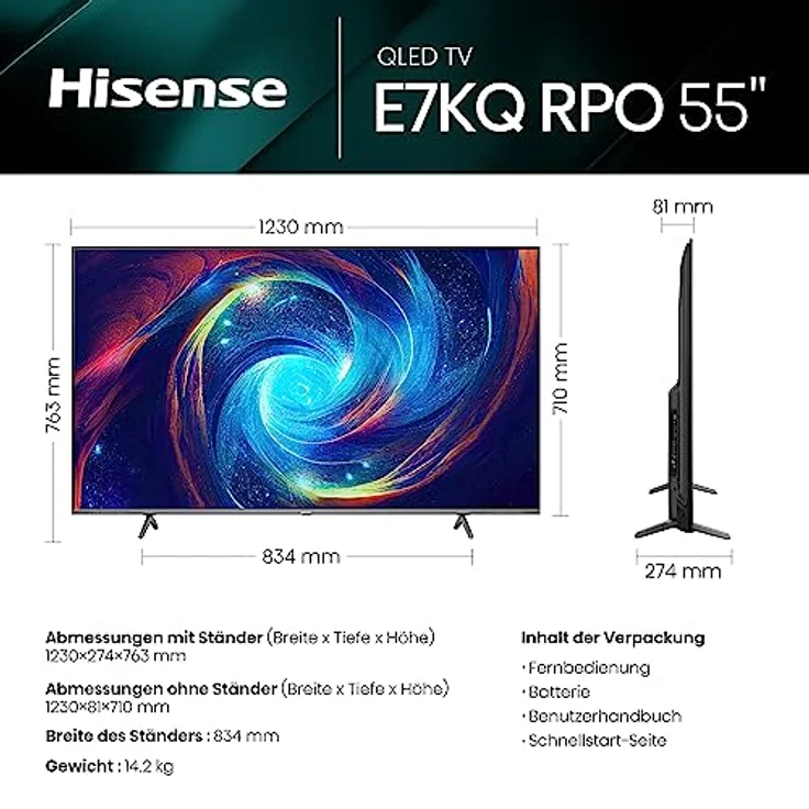 Hisense 55E7KQ Pro 139cm (55 Zoll) Fernseher, 4K ULED HDR Smart TV, Quantum Dot,120Hz, 144Hz VRR, HDMI 2.1, Game Mode, HDR10+, Dolby Vision IQ & Atmos, Alexa Built-In, Google Assistant [2023], Silber – Bild 2