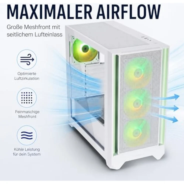 SILENTWARE Flow 110 White A-RGB Midi Tower PC-Gehäuse, 4x 120mm A-RGB Lüfter, Glas-Seitenfenster, Meshfront, GPU bis 380mm, ATX/mATX/ITX – Bild 2
