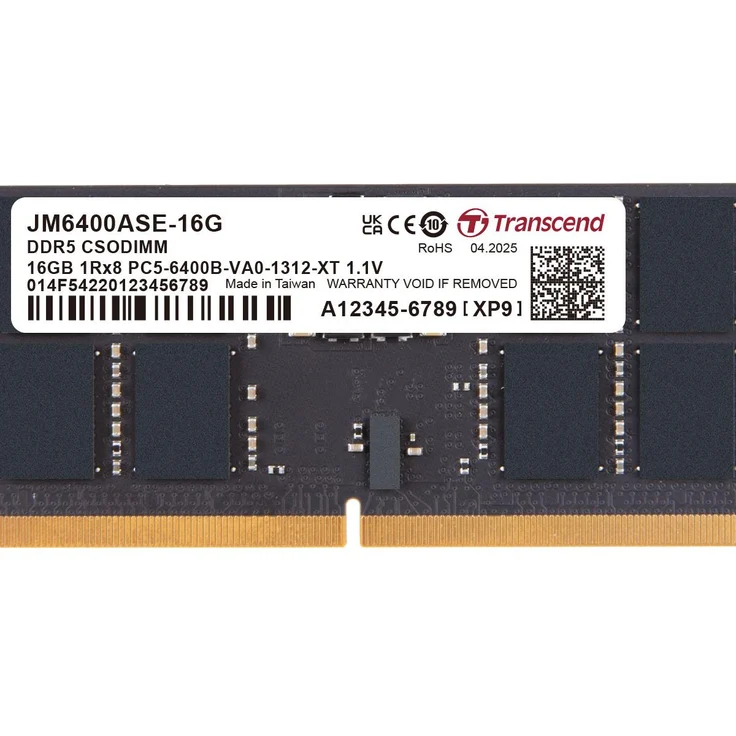 Transcend JM6400ASE-16G, 16 GB DDR5 SO-DIMM Speichermodul, 6400 MT/s, 262-pin, Schwarz