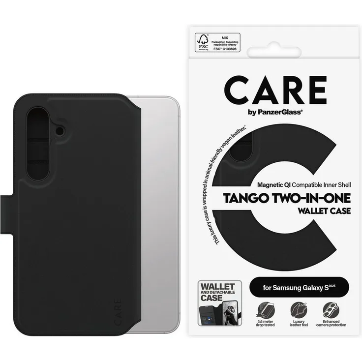 CARE by PanzerGlass Tango Two-in-One Wallet Case, Magnetic QI Handyhülle für Samsung Galaxy S25, veganes Leder, RFID-Blockierung, stoßfest, luxuriöses Ledergefühl