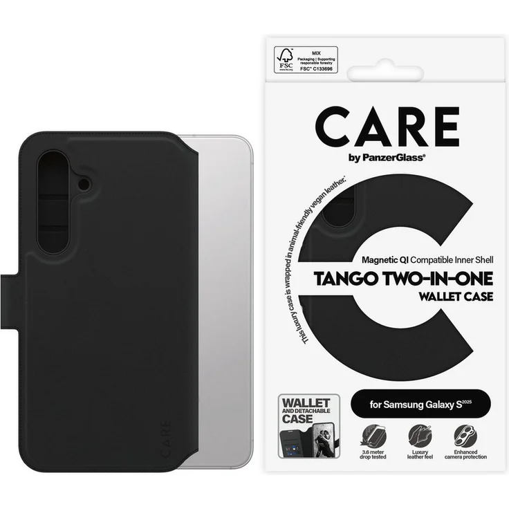 CARE by PanzerGlass Tango Two-in-One Wallet Case, Magnetic QI Handyhülle für Samsung Galaxy S25, veganes Leder, RFID-Blockierung, stoßfest, luxuriöses Ledergefühl