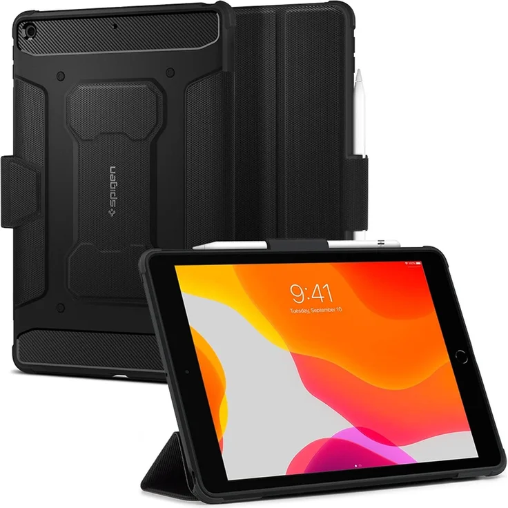 Spigen Rugged Armor Pro (iPad 2021 (9. Gen)), Tablet Hülle, Schwarz - Robuste Schutzhülle aus flexiblem TPU mit integrierter Luftpolster-Technik