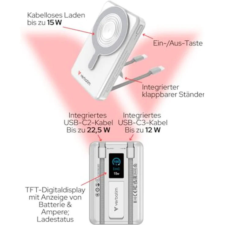 Verbatim Charge 'n' Go MagSafe Powerbank 10000mAh [Silber], 15W kabelloses Laden, PD 22,5W Schnellladung, klappbarer Ständer für iPhone 17/16/15 Pro, inkl. 2 USB-C Kabel – Bild 3