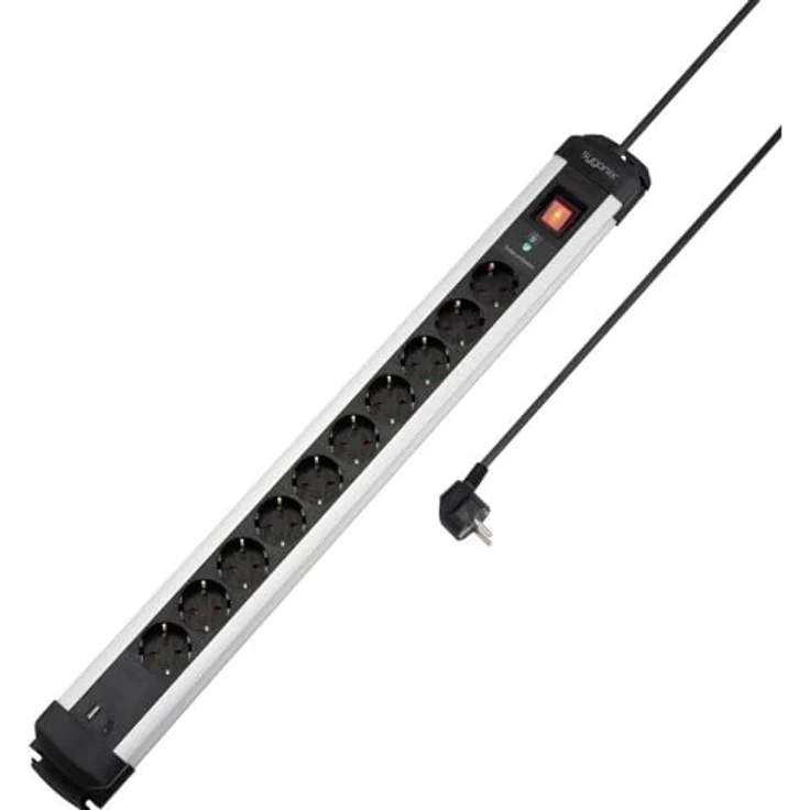 Sygonix SY-6807136 Überspannungsschutz-Steckdosenleiste 10-fach, schwarz/silber mit USB-A und USB-C Ladeanschlüssen, 12kA Überspannungsschutz und Master EIN/AUS-Schalter – Bild 1