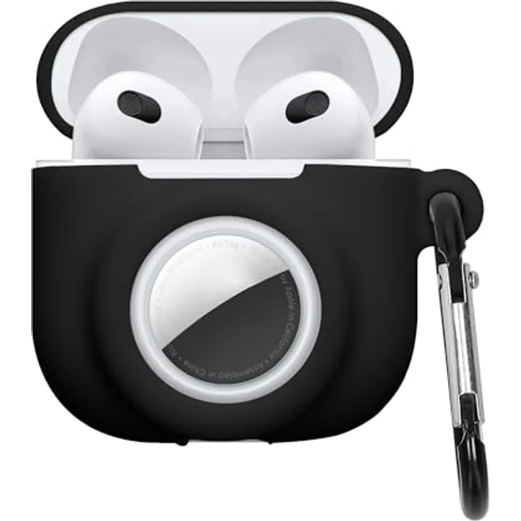 kwmobile 2-in-1 Hülle für Apple AirPods 4 und AirTag, weiche Silikon Schutzhülle mit Karabiner - Schwarz – Bild 1
